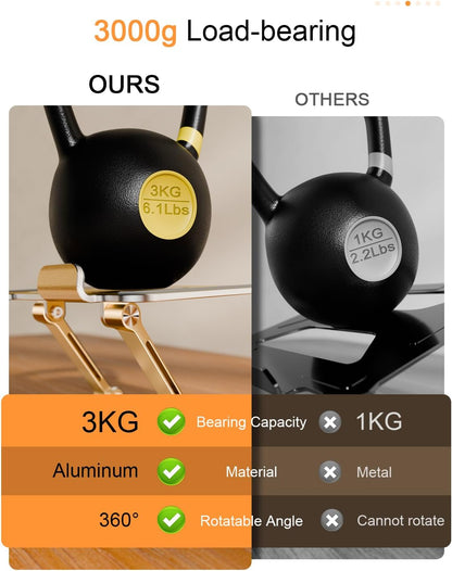 Tablet Stand Holder with Thickened 360°Rotating Base Dual Rod Adjustable Aluminum Stand for All 5.8-12.9” iPad Samsung Phone Tablet Kindle E-Reader and More, Gold