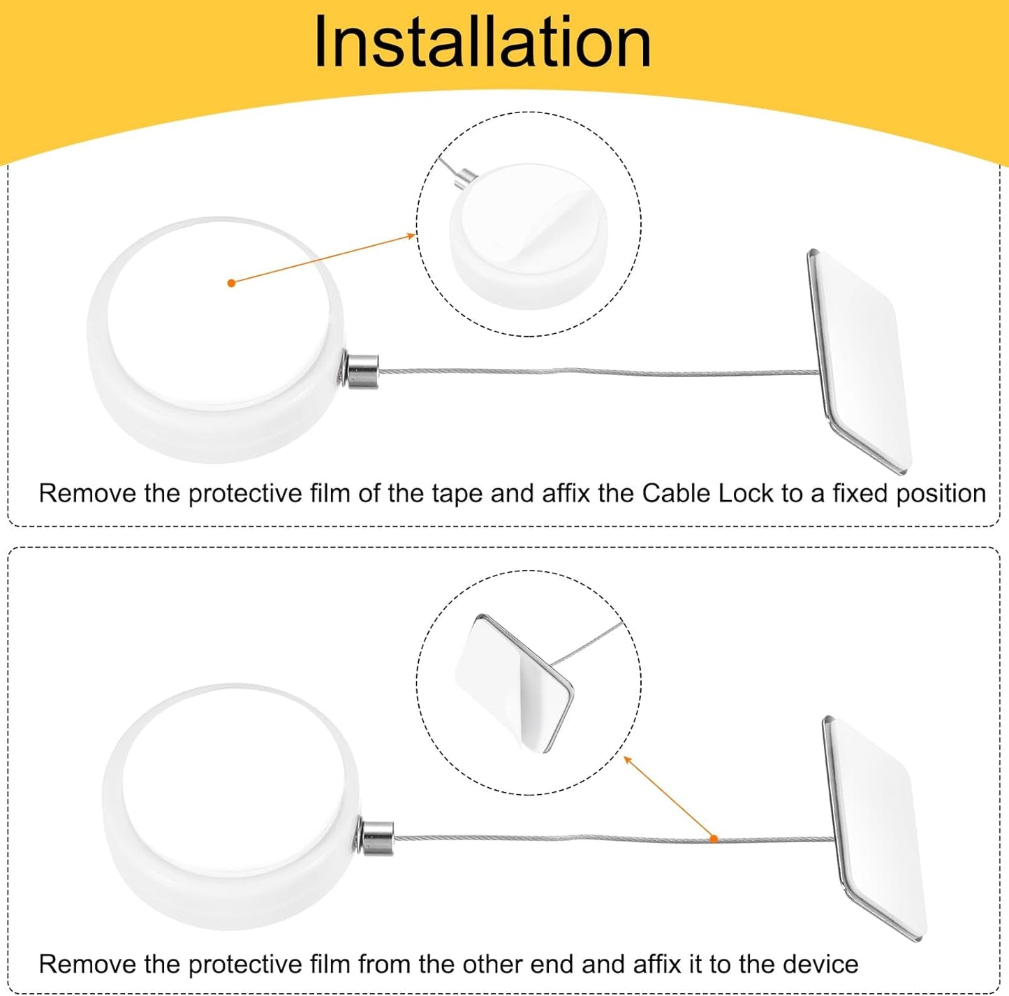 MECCANIXITY 3.3ft Retractable Cable Lock with Square Patch Remote Control Security Lock with Adjustable Cord Tether Anti Theft for Laptop, TV, 150 G, White, 4 Pack
