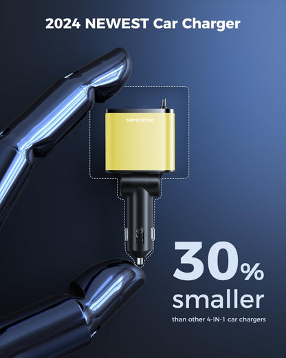 [2024 Upgraded] 4 in 1 Retractable Car Charger, SUPERONE Smaller Fast Car Phone Charger 69W with Cord, USB C and iPhone Car Charger Adapter, Compatible iPhone 15/15 Pro Max/14/13/12/11, Sumsung