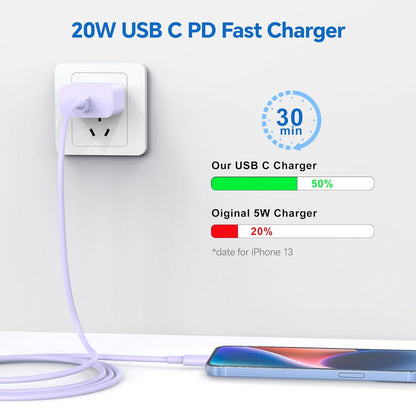 Compatible with iPhone 14 13 12 Charger, 20W Fast Charging Wall Charger, 10 FT USB ightning Cable,Phone Chargerr Cord for Phone 14/13/12/12 Pro Max/11/Xs Max/XR/X,AirPods Pro and More(Pueple/Blue/Red)
