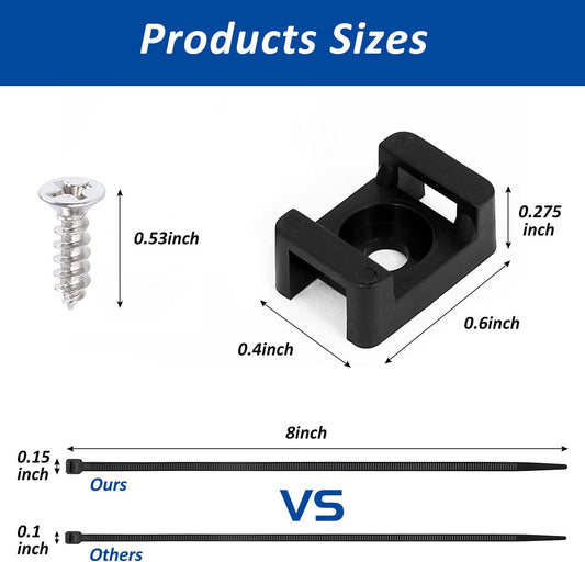 Cable Zip Tie Mounts Kit - 240 Set Wire Cable Clips Organizer Holders with 8" Cable Ties, Saddle Type Mounts Base and Tapping Screw, Black