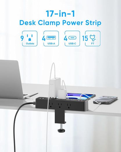 Flat Plug Desk Clamp Power Strip 15FT, 40W Total Fast Charging Station, Dual PD 20W USB C Ports, Desk Edge Mount Power Strip 9 AC Outlets 8 USB Ports(4 USB C) Surge Protector, Fit 1.7" Tabletop Edge