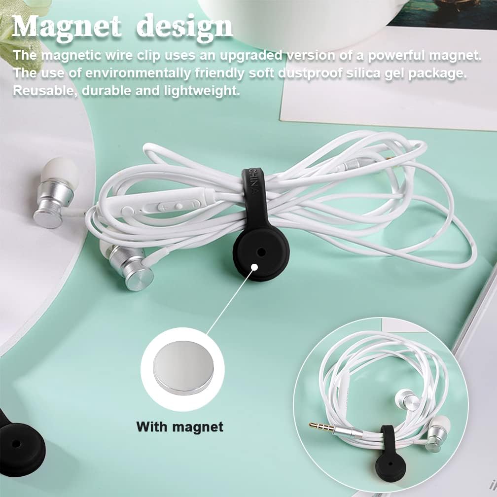 Viaky 6 Pcs Black Magnetic Cable Clips Organizer Earbuds Cords Winder Bookmark Whiteboard Noticeboard Fridge Straps USB Manager Keeper Wrap Ties for Kitchen, Home, Office and School