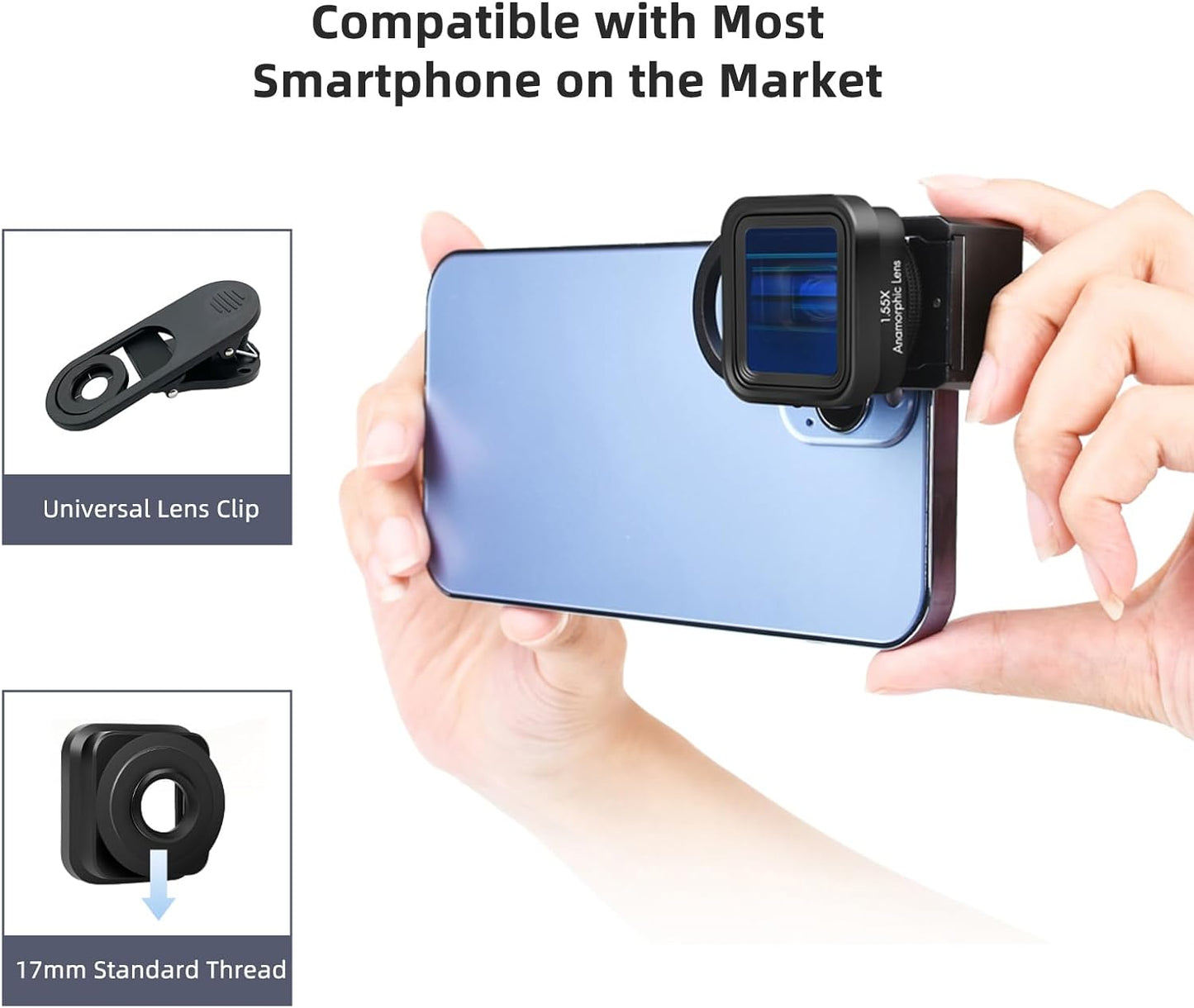 Andoer Anamorphic Movie Lens 1.55X - Universal Lens Clips & Carry Bag - Compatible with iPhone 15/14/13/12/11