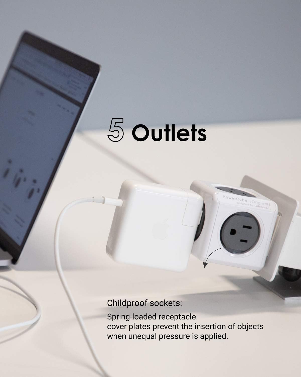 Allocacoc PowerCube Original 5 outlets, Surge Protector Wall Plug Charger Outlet Multiplier, Compact for Travel Home Office Dorm workspace 1875W 125V 15A ETL(Grey)