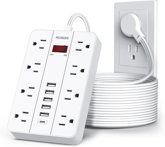 Extension Cord Power Strip Surge Protector 15 Ft, HUNIAN Flat Plug with 8 Widely Spaced Outlets 6 USB (1 USB C Port), Wall Mount Charging Station for Home and Office
