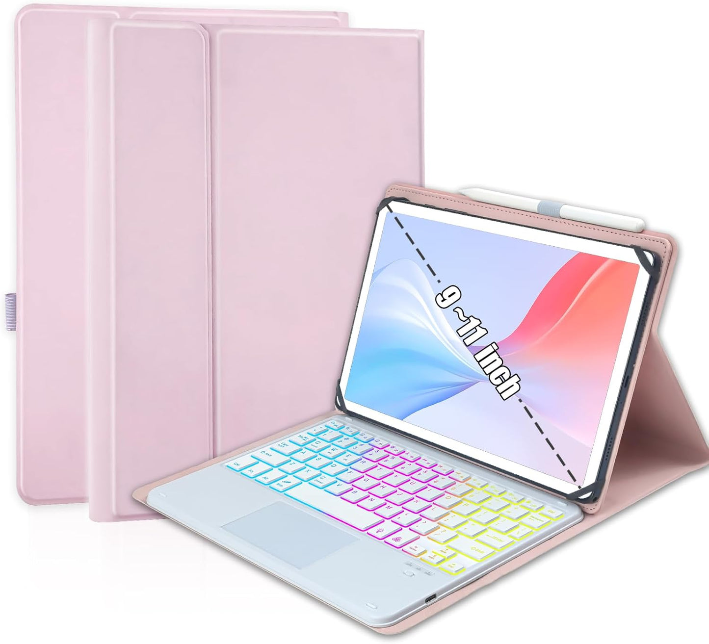 Universal Touchpad Keyboard Case for 9.7,10.1,10.2",10.5",10.9",11" Tablet, Rainbow Backlight TrackPad Keyboard with Type-C Charging Port fit 9.7-11 inch Android/iOS/Windows (Pink)