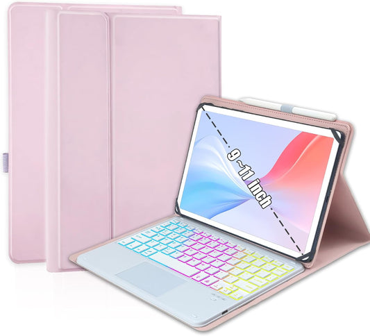 Universal Touchpad Keyboard Case for 9.7,10.1,10.2",10.5",10.9",11" Tablet, Rainbow Backlight TrackPad Keyboard with Type-C Charging Port fit 9.7-11 inch Android/iOS/Windows (Pink)