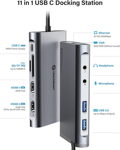 UtechSmart USB Docking Station, 11 IN 1 USB C Dock Triple Display, USB 3.0 Laptop Docking Station with Dual HDMI, VGA, PD, Ethernet, SD/TF, USB 3.0, Mic/Audio, Compatible for MacBook M1 Dell HP Lenovo