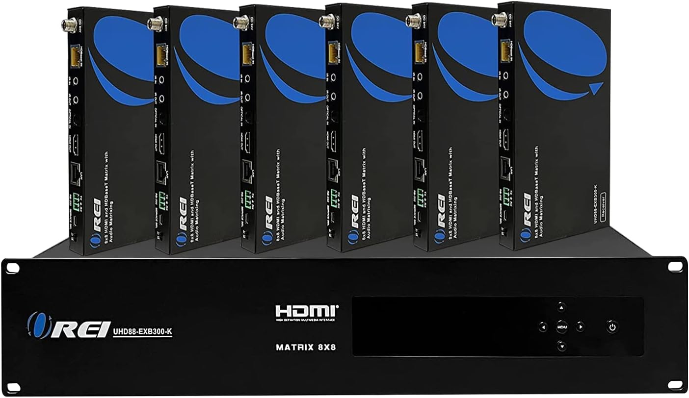 OREI 8X8 4K HDMI Matrix Switcher Extender - HDBaseT UltraHD 4K @ 60Hz 4:4:4 Over Single CAT5e/6/7 Cable with HDR, CEC & IR Control, RS-232 - Up to 400 Ft - Additional 8 Loop Out - 8 Receivers