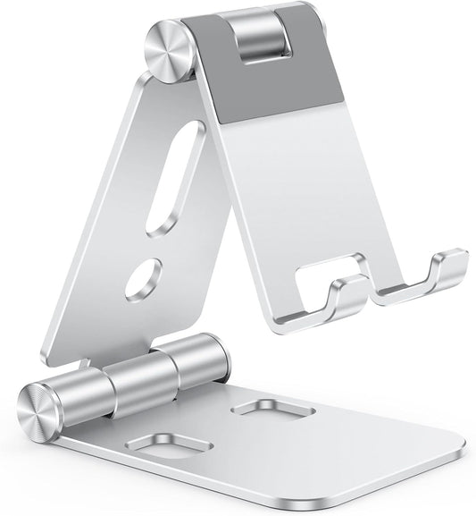 OMOTON Foldable Cell Phone Stand, C4 Portable Aluminum Phone Holder, Adjustable Phone Dock Cradle Compatible with iPhone 16/15/14/13 Pro Max, Samsung Galaxy, Small Tablets, All Smart Phones, Silver