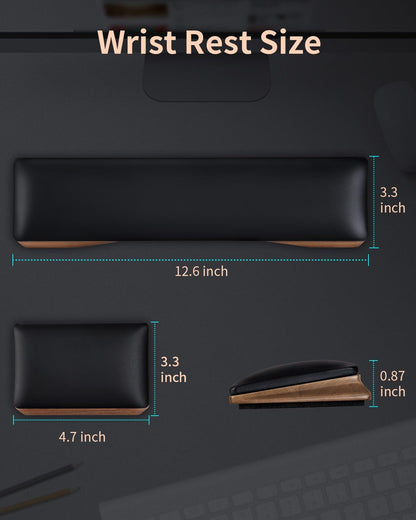 ASFSKY Keyboard and Mouse Wrist Rest Set - Memory Foam & Wooden Base Ergonomic Wrist Support Pad with PU Leather Cover, Non-Slip, Durable & Easy-to-Clean Wrist Cushion for Office, Gaming Desk