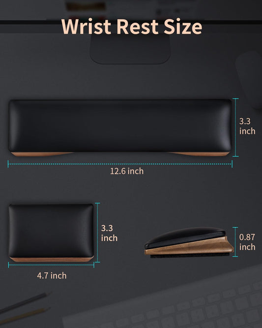 ASFSKY Keyboard and Mouse Wrist Rest Set - Memory Foam & Wooden Base Ergonomic Wrist Support Pad with PU Leather Cover, Non-Slip, Durable & Easy-to-Clean Wrist Cushion for Office, Gaming Desk