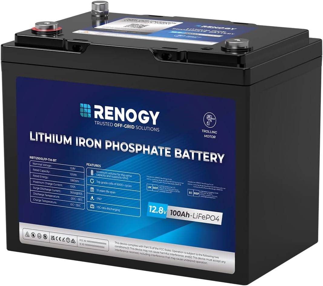 Renogy 12V 100Ah Trolling Motor LiFePO4 Lithium Battery, Bluetooth & 100A BMS, IP67 Waterproof, Group 24 Deep Cycle Battery for Marine, Boat, RV, Off-Grid Backup
