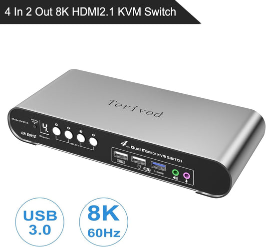 4 Computers 2 HDMI Monitor Automatic KVM Switch 8K@60Hz, Hotkey Switching, EDID, with Audio and Microphone, Aluminum Shell with Digital Display, USB 3.0 Hub, HDR10 with Cables