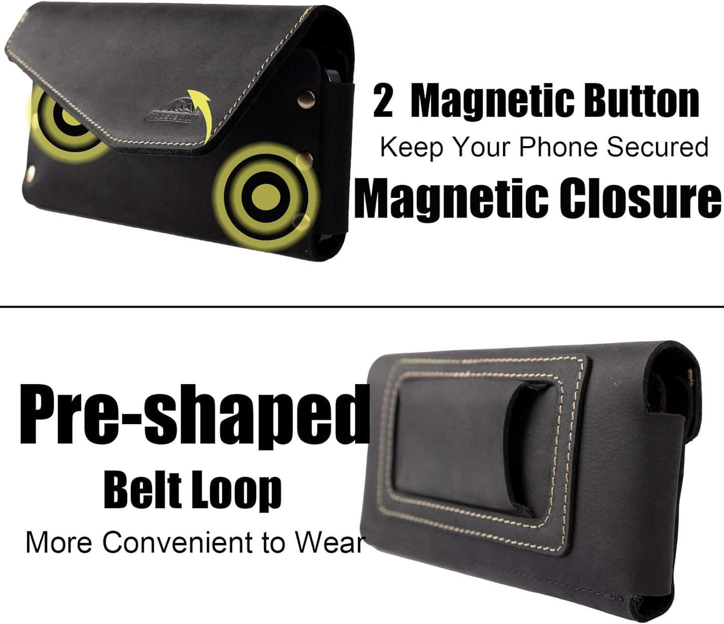 Topstache Leather Phone Holster with Belt Loop, Magnetic Closure Cell Pouch, Handmade Leather Holder for iPhone 14 Pro Max (Fits with Otterbox Case), XL, Black