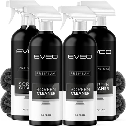 EVEO® Screen Cleaner Spray Kit (Streak-Free) TV Screen Cleaner for Smart TV, LCD, LED, OLED | Computer Screen Cleaner Spray and Wipe Microfiber Cloth - TV, Monitor, Laptop, iPad, Car - 6.7oz 4 Pack