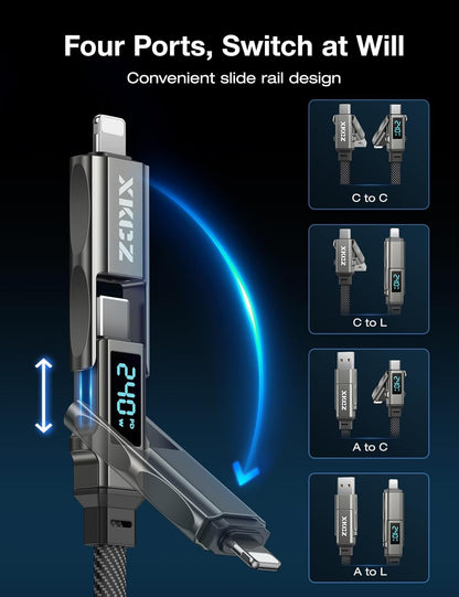 4 in 1 USB C Cable with Wattage Display, 240W Flat Nylon Braided Multi Charge Cable with Data Sync, USB C Charging Cord Combo Type C/USB A/L Port for iPhone/iPad/Samsung/Laptop, 3FT