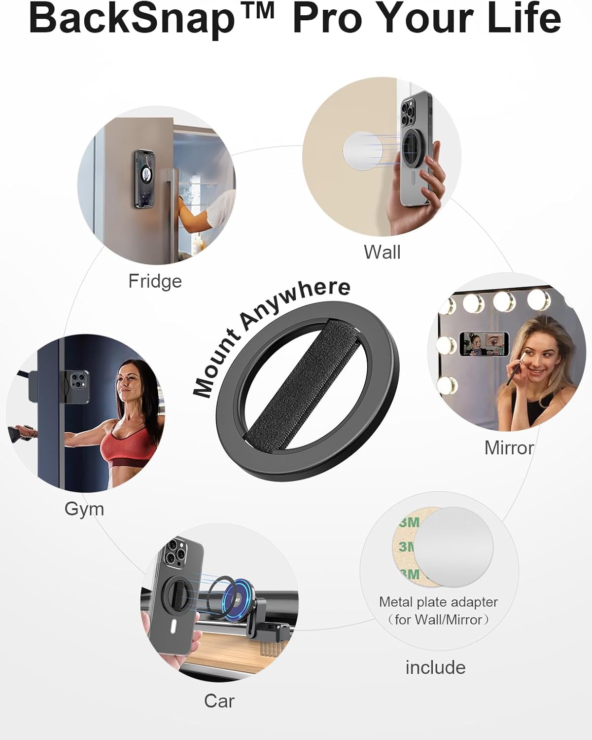 EWA MagOne Solo Phone Grip with Replaceable Elastic Finger Loop, Removable Magnetic Ring Holder Loop, Accessories for iPhone 16, 15, 14, 13 Pro/Max/Plus, No Stand-Black