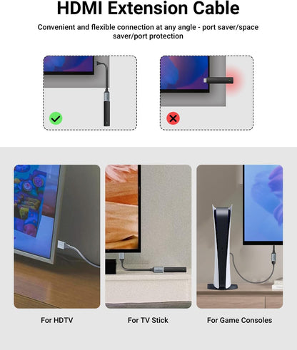 8K Short HDMI Extender Cable 0.6 FT Ideal for Tight Spaces, HDMI Extension Male to Female Adapter, Compatible with Roku TV Stick, HDTV, Game Console, Laptop (2 Pack, 0.6FT)