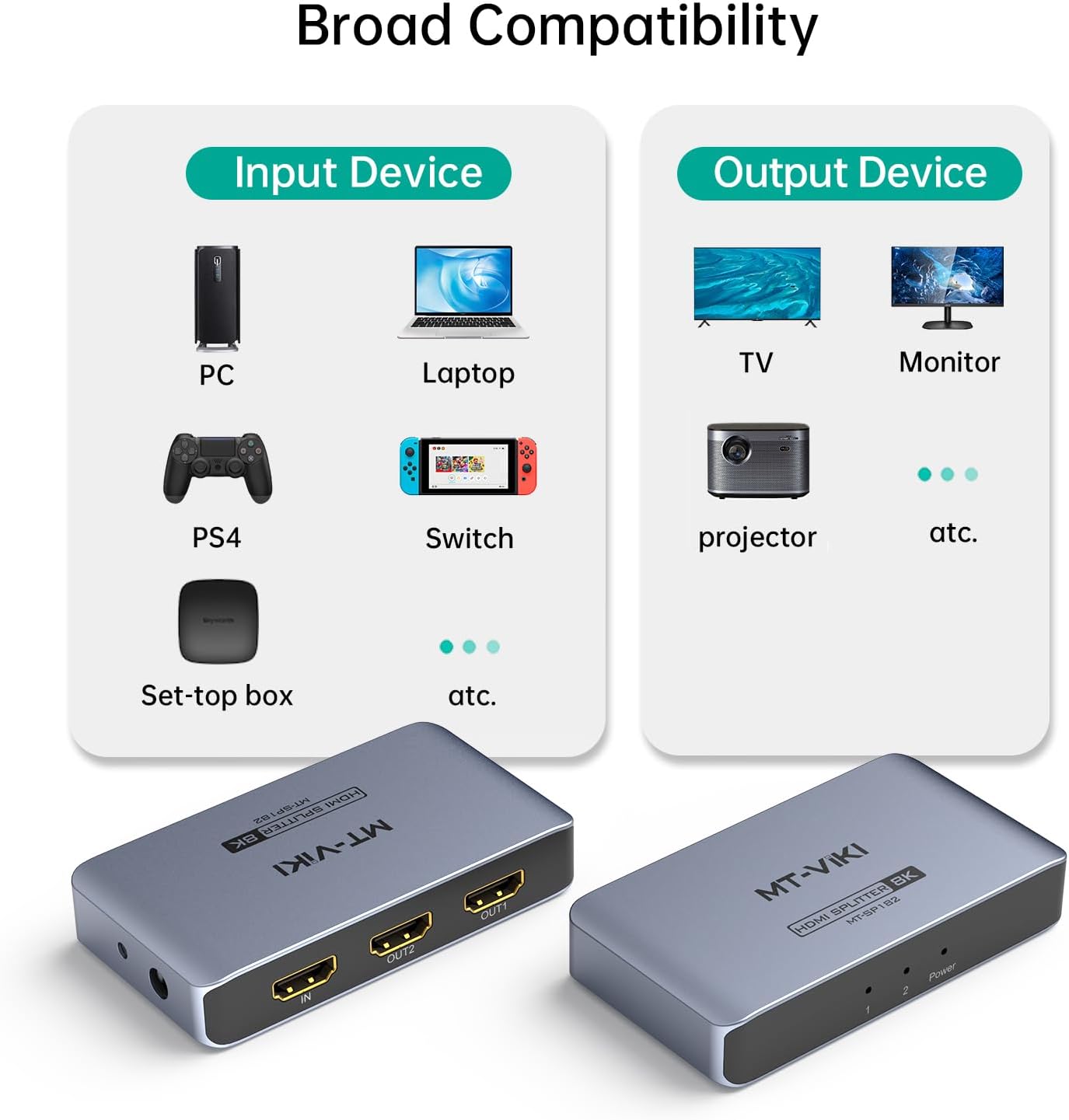 MT-VIKI 4K@120Hz HDMI Splitter 1 in 2 Out Aluminum HDMI Splitter 2.1, 8K@60Hz Duplicate/Mirror, 40Gbps, HDCP2.3, EDID (Non-bidirectional)
