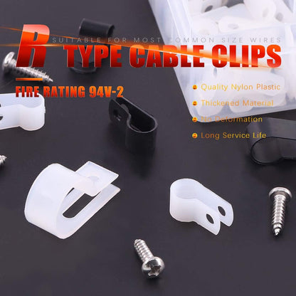 Hilitchi 132 Pcs 6 Sizes Black and White Plastic Cable Clamp R Type Screw Mounting Cord Fastener Cable Clips Assortment Kit with Screws for Wire Management Cable Conduit (Clips from 6mm to 23mm)