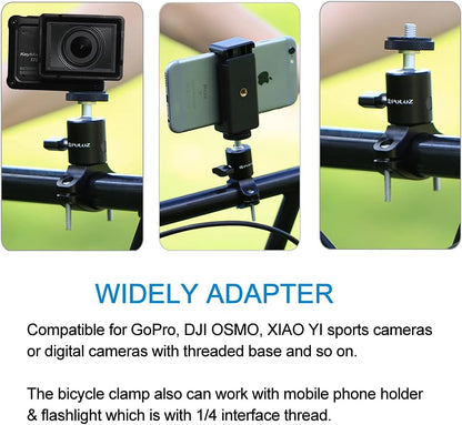 PULUZ Camera Handlebar Mount for Gopro Bike Motorcycle Mount, Aluminum Bicycle Camera Adapter Mount Holder for GoPro Hero 12/11/10/9/8/7 All Model/DJI OSMO Action Camera Accessories