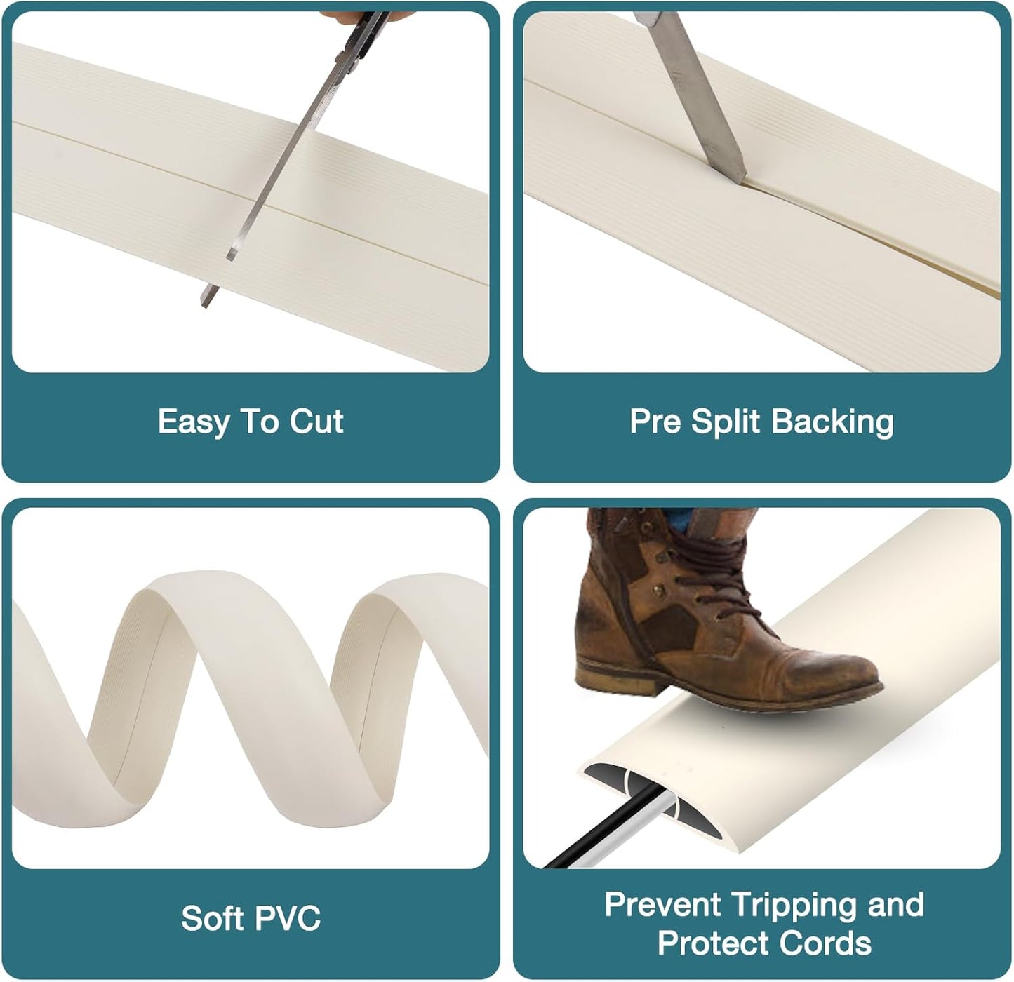 Floor Cord Cover, Cable Protector, 0.63W x 0.31H inches, Wire Cover for Extension Cords, Floor Cable Covers Prevent Cable Trips (Beige, 50-10 Feet)