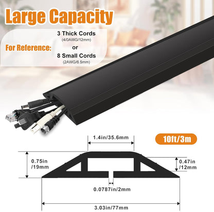 10 ft Cord Covers for Wires on Floor, Heavy Duty PVC Duct Floor Cord Cover, Floor Cable Cover Easy to Unroll Prevent Trip Hazard for Home Office or Outdoor Settings (Black)