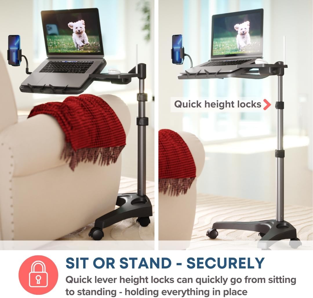 LEVO G2 V16 Mobile Laptop Stand Desk Rolling Cart with Phone Holder and Mouse Tray