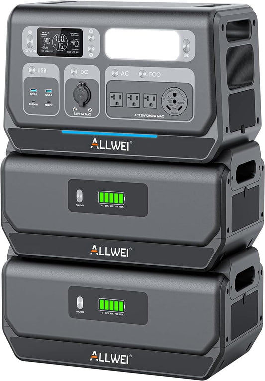 ALLWEI 2400W Portable Power Station and 2x B200 PRO Expansion Battery, 6144Wh LiFePO4 Battery 4 AC Outlets Up to 2400W for Home, Outdoor Camping, RV, With 1500W AC Charging &1200W Solar Charging