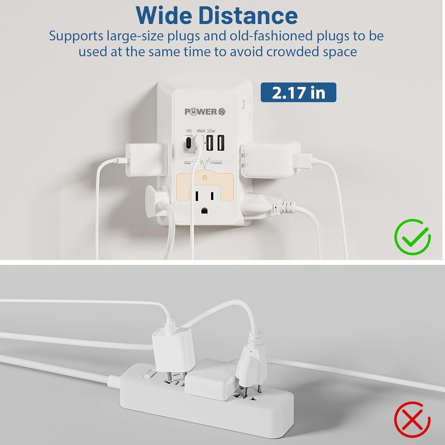 20W PD Fast Charging Wall Outlet with USB Ports (2C2A), Electrical Outlet Extender with Night Light, Surge Protector, Wall Plug Adapter for Multiple Devices, Wall Socket Expander
