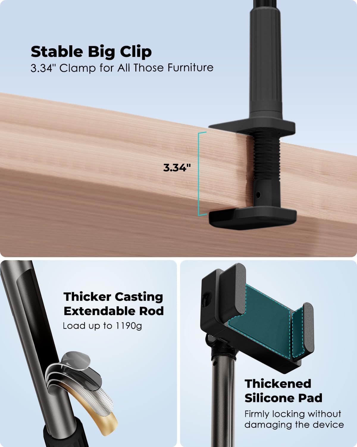 Viozon Tablet Holder Stand, Phone/Kindle Holder with Flexible Aluminum Alloy Long Arm, C Clamp for Headboard Bedside&Table, Compatible with 3.5-11" iPad,Kindle, iPhone 15 14 Plus/Pro Max,B