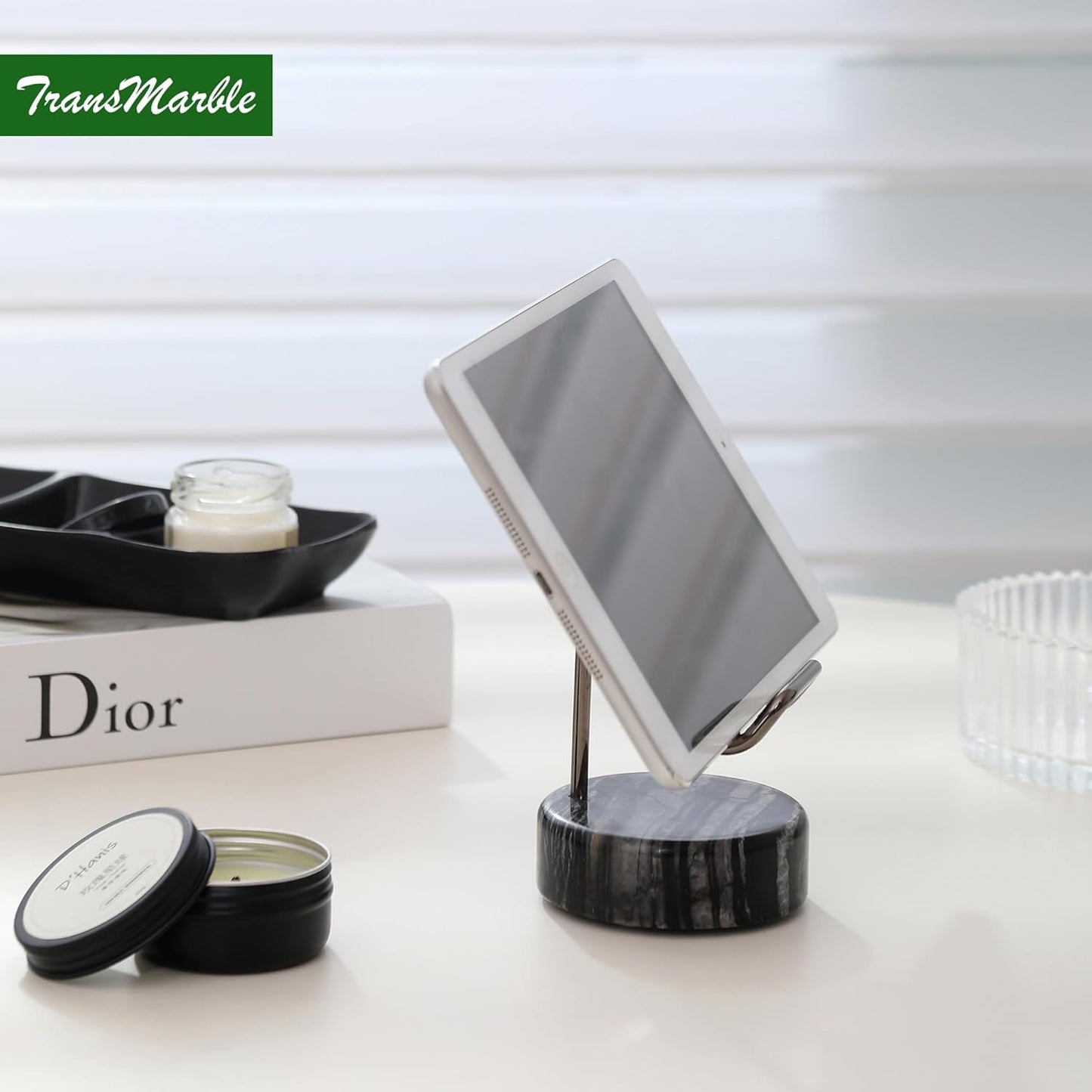 Marble Phone Stand with Metal Holder, Charging Available While Using, Swipe Up to Unlock, Made of Natural Marble as Business Card Holder for Office Desk (Wooden Black + Black)