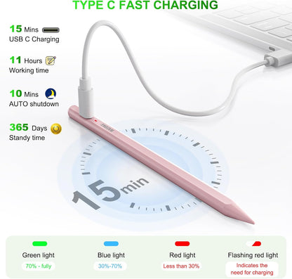 Stylus Pen for iPad 2018-2025: 15 Mins Fast Charging Pencil 1 Generation with Tilt Sensitivity Palm Rejection - Work for iPad Air 3 4 5 M2 M3- Pro 11" 12.9" M4 - Mini 5 6 - iPad 6 7 8 9 10 11 (Pink)