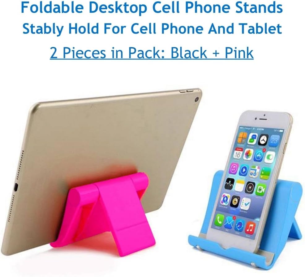 Cell Phone Stand for Desk 2 Pack Mobile Phone Holders Desktop Tablet Stand, Foldable Phone Dock Universal Adjustable Tablet Stand for Desk Compatible with Cell Phone Support (Black+Pink)