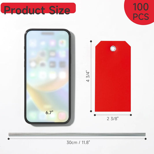 100 Pcs Red Tags with String Blank Shipping Tags with Metal Wire Writable Price Repair Plastic Service for Equipment Product Jewelry Clothing Inventory Car Parts (Red, 4 3/4" x 2 3/8")
