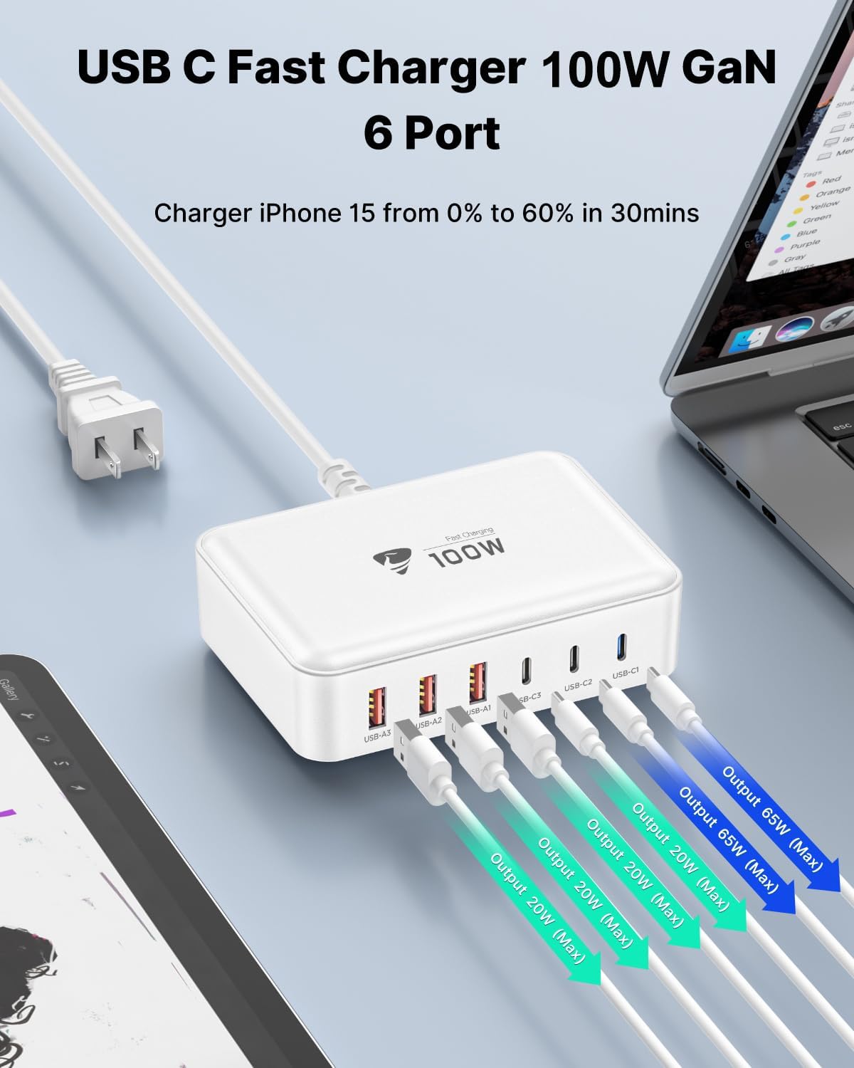 USB C Fast Charger, 100W GaN 6 Port USB C Fast Charging Station Hub Block Cube, QC USB A and PD USB c Wall Charger Power Multiple USB Charger Plug for iPhone 16 15 14 13 12 Pro Max, MacBook, Samsung