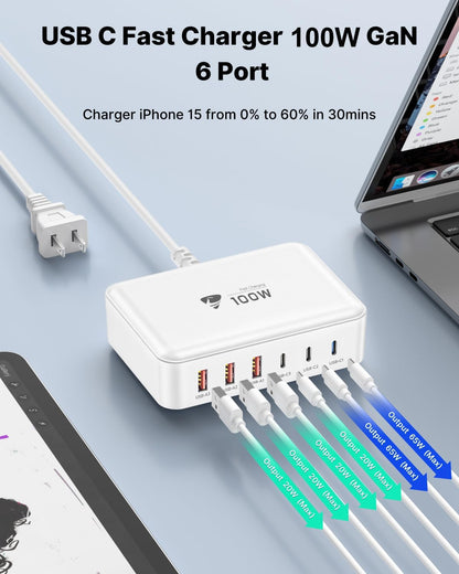 USB C Fast Charger, 100W GaN 6 Port USB C Fast Charging Station Hub Block Cube, QC USB A and PD USB c Wall Charger Power Multiple USB Charger Plug for iPhone 16 15 14 13 12 Pro Max, MacBook, Samsung