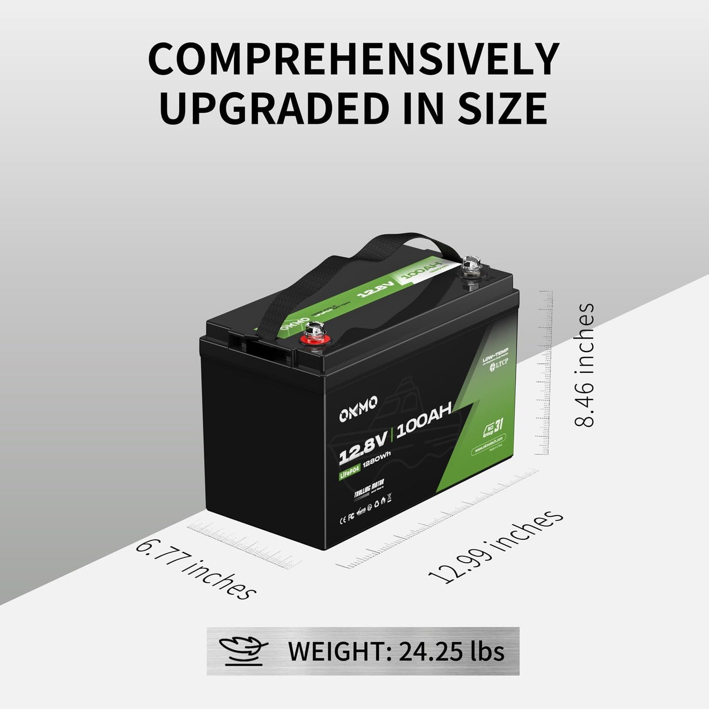 OKMO 12V 100Ah TM LiFePO4 Battery, Lithium Battery 150A BMS, 10 Years Lifetime 15000+ Deep Cycles,for Marine, RV, Trolling Motor, Boat, Camper, Solar Home Iron Phosphate, Low Temperature Protection