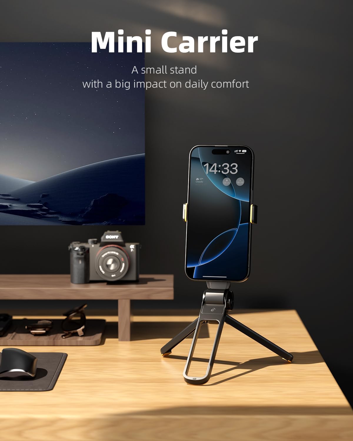 TODI Phone Tripod, Foldable Mini Desk Stand with 360° Phone Holder & Cold Shoe, Pocket Travel Tripod for iPhone, Portable Selfie Stick Handle Grip Compatible with iPhone/Android