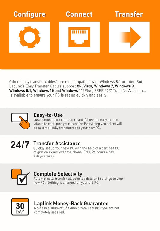 LAPLINK Easy Transfer Cable for Windows, Includes PCmover Express Software and USB 2.0 PC to PC Cable, Single Use License, Transfers Files, Settings, and User Profiles. Compatible with Windows 11