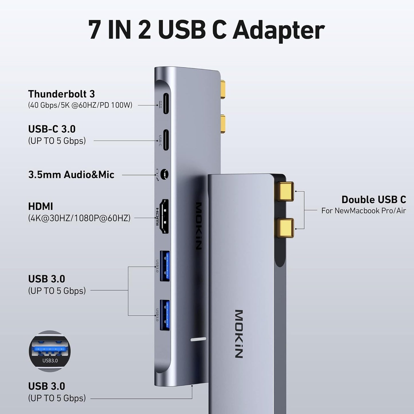 MacBook Pro Adapter, USB C Adapter for MacBook Pro/Air M1M2M3 2022 2021 2020 13" 15" 16", Mac Dongle with 4K HDMI, 3 USB 3.0, USB C 3.0 and 100W Thunderbolt 3, Audio, Support MagSafe 3 Charging