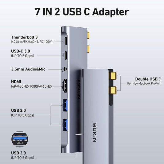 MacBook Pro Adapter, USB C Adapter for MacBook Pro/Air M1M2M3 2022 2021 2020 13" 15" 16", Mac Dongle with 4K HDMI, 3 USB 3.0, USB C 3.0 and 100W Thunderbolt 3, Audio, Support MagSafe 3 Charging