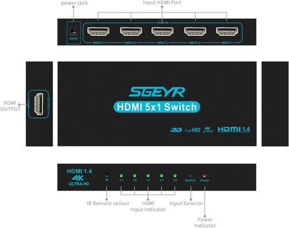 HDMI Switch SGEYR 5x1 HDMI Switcher 5 in 1 Out HDMI Selector 5 Port Box with IR Remote Control HDMI 1.4 HDCP 1.4 Support 4K@30Hz Ultra HD 3D 2160P 1080P