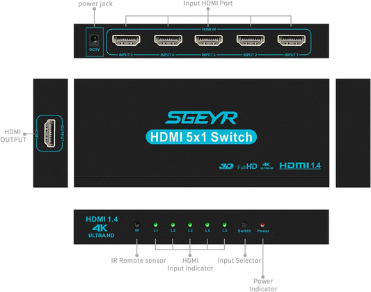 HDMI Switch SGEYR 5x1 HDMI Switcher 5 in 1 Out HDMI Selector 5 Port Box with IR Remote Control HDMI 1.4 HDCP 1.4 Support 4K@30Hz Ultra HD 3D 2160P 1080P