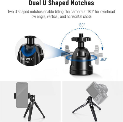 NEEWER Mini Desk Tripod, Metal Table Top Small Portable Travel Selfie Stick Stand with 360° Ball Head & 1/4" Screw for Camera Mobile Phone Holder Action Cam, Cleaning Cloth, Max Load 6.6 lbs, TP29