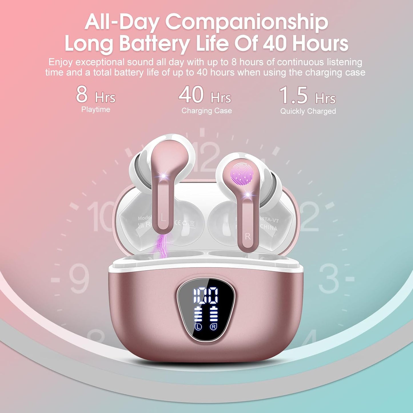 Wireless Earbuds, Bluetooth 5.4 Headphones HiFi Stereo, Bluetooth Earbuds with ENC Noise Cancelling Mic, IP7 Waterproof in Ear Earphones, 48H, LED Display Ear Buds for Pad Workout Sports, Rose Gold