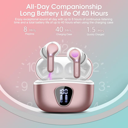 Wireless Earbuds, Bluetooth 5.4 Headphones HiFi Stereo, Bluetooth Earbuds with ENC Noise Cancelling Mic, IP7 Waterproof in Ear Earphones, 48H, LED Display Ear Buds for Pad Workout Sports, Rose Gold