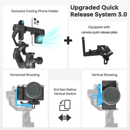FeiyuTech SCORP Mini 3 [Kit] Gimbal Stabilizer for Smartphone & Mirrorless Cameras, 4.41lbs Payload, Built-in AI Tracking, Quick Vertical Shooting, Bluetooth Control for Sony/Canon/Nikon/DJI/Gopro